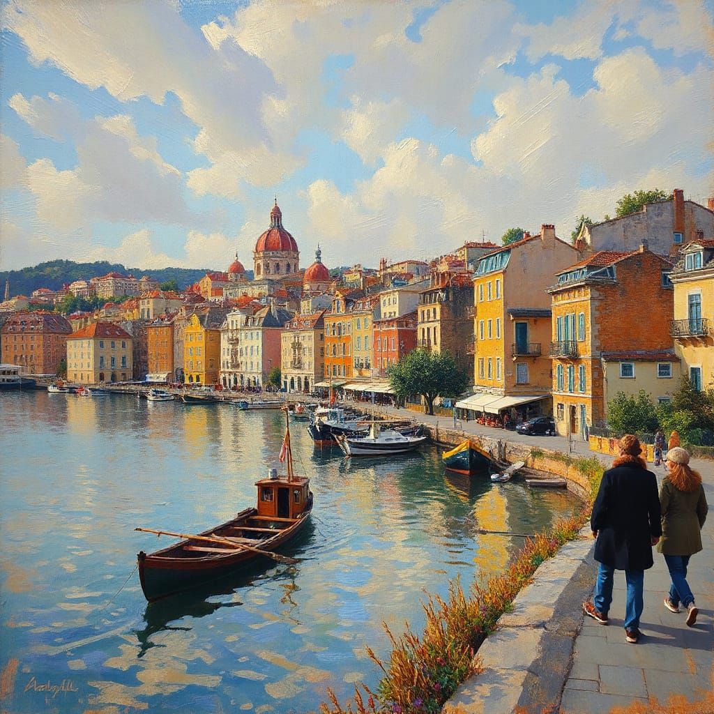 Coastal City in Impressionist Style with Golden Lighting