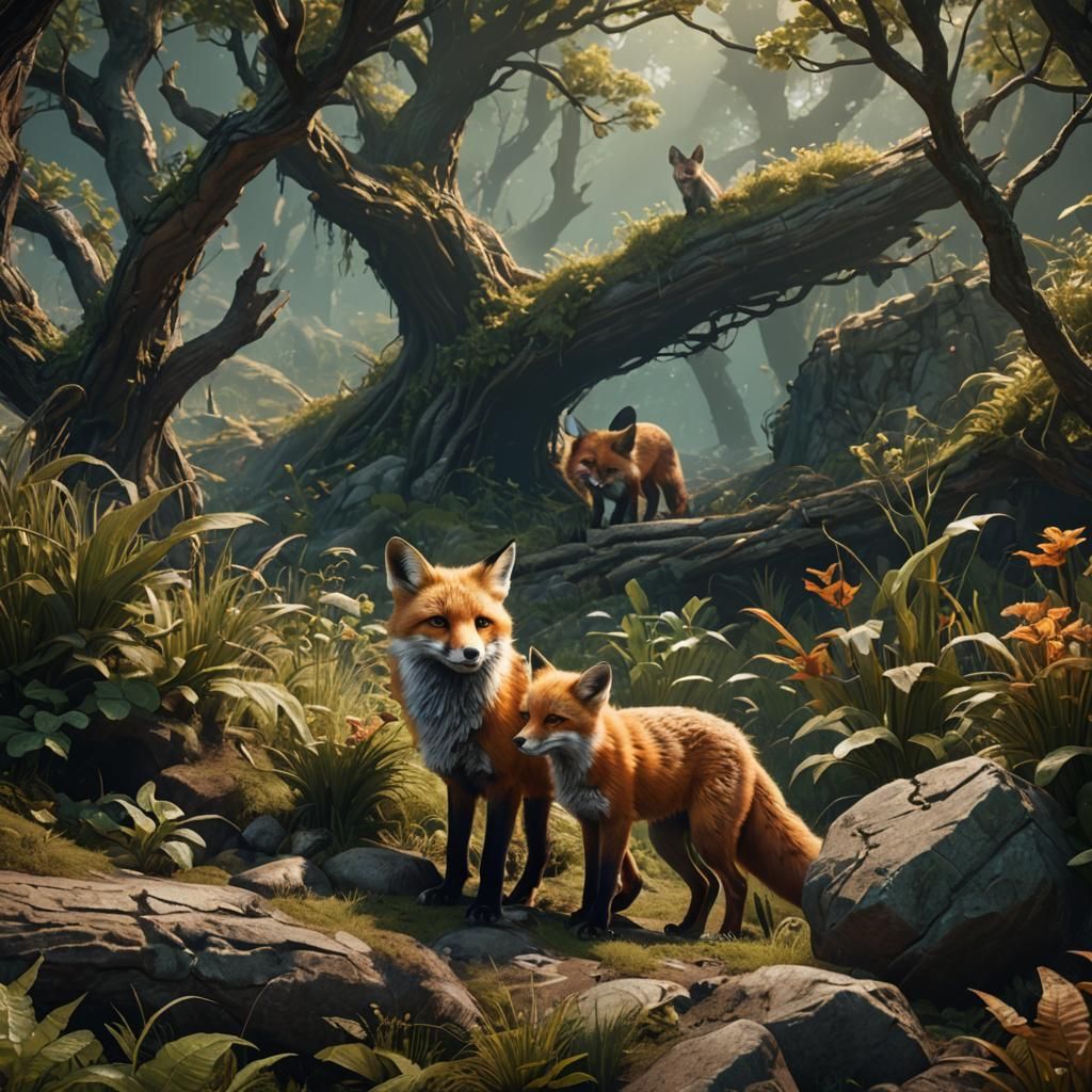 Fox and Pup in Realistic Biome: Matte Painting