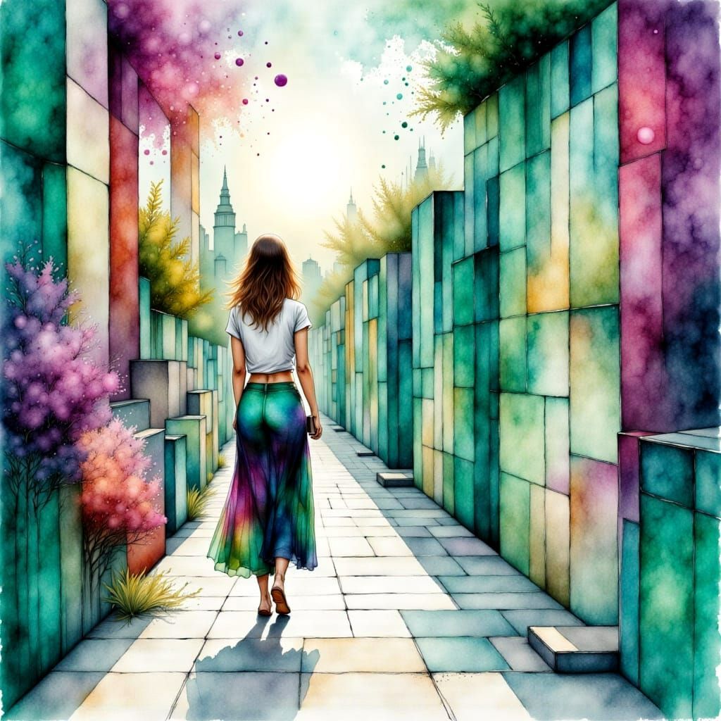 City Pathway With Woman in Liquid Ink Watercolor