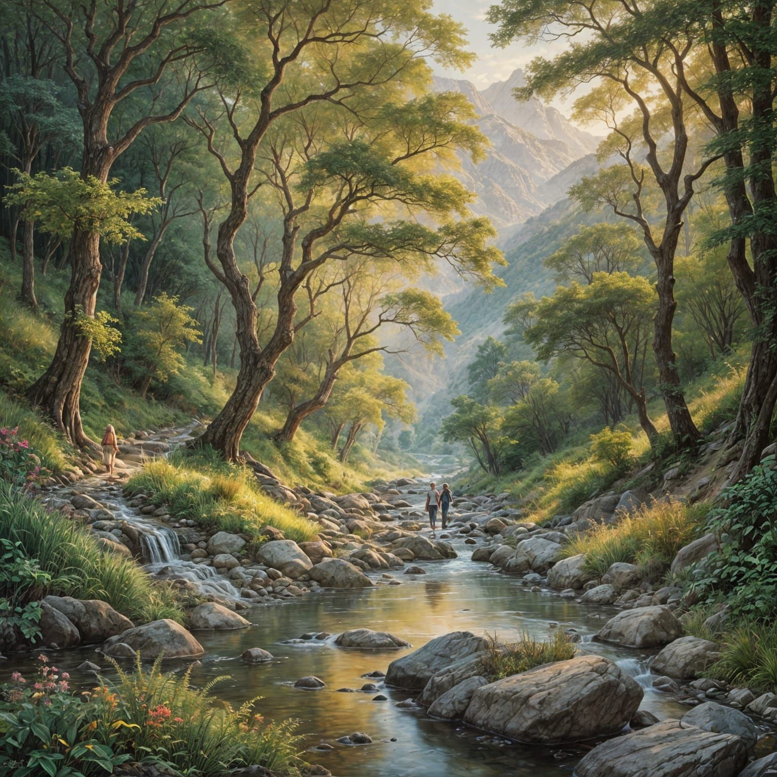 Mountain Creek Walk in Maximalist Watercolor Style