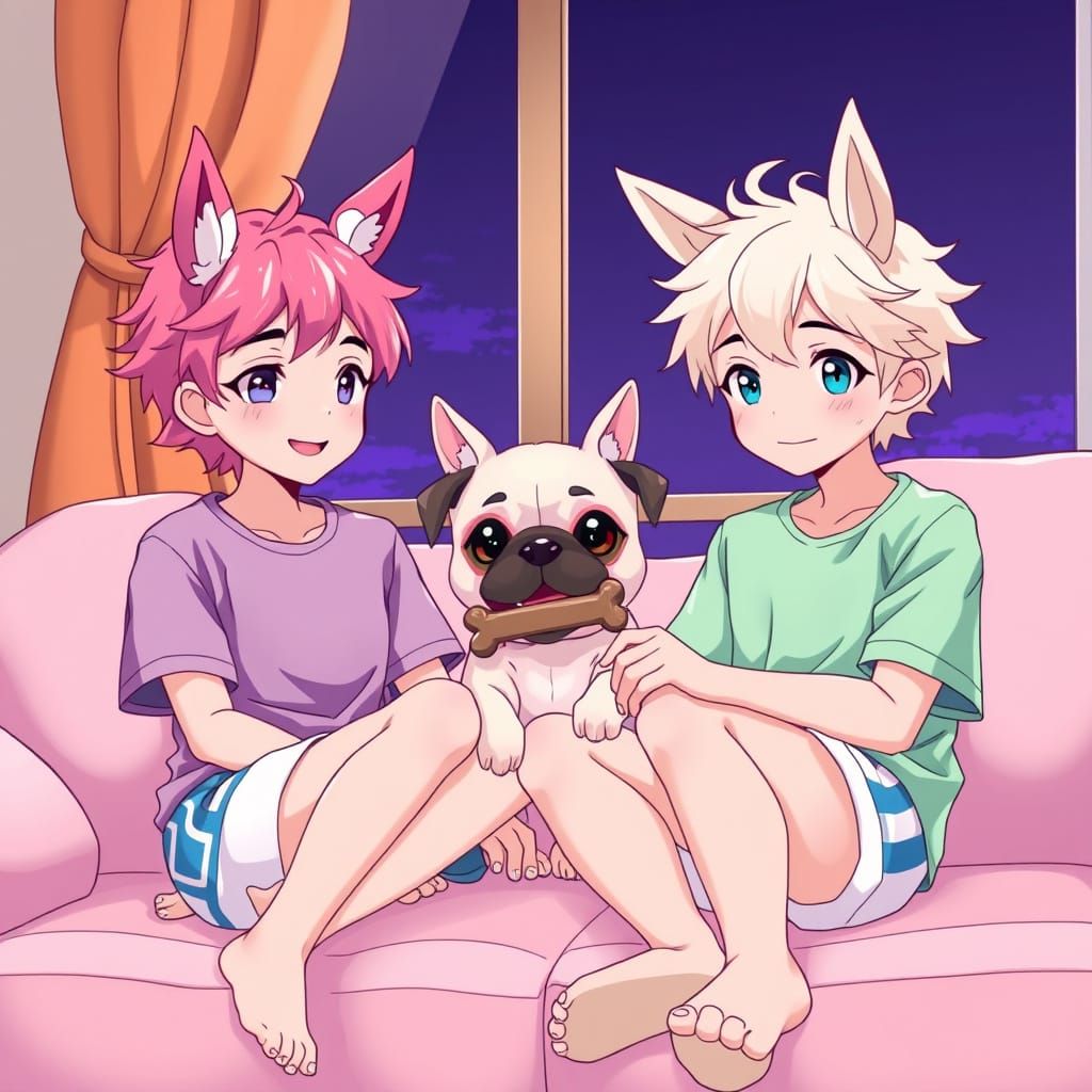 Two Charming Boys with Horse Ears, Anime Style