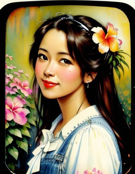 Vintage Hawaiian Girl Portrait in Mixed Media Style