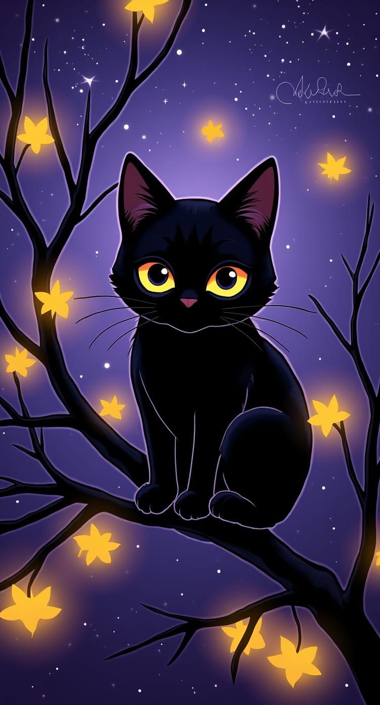 Black Cat Under Starry Sky with Glowing Leaves