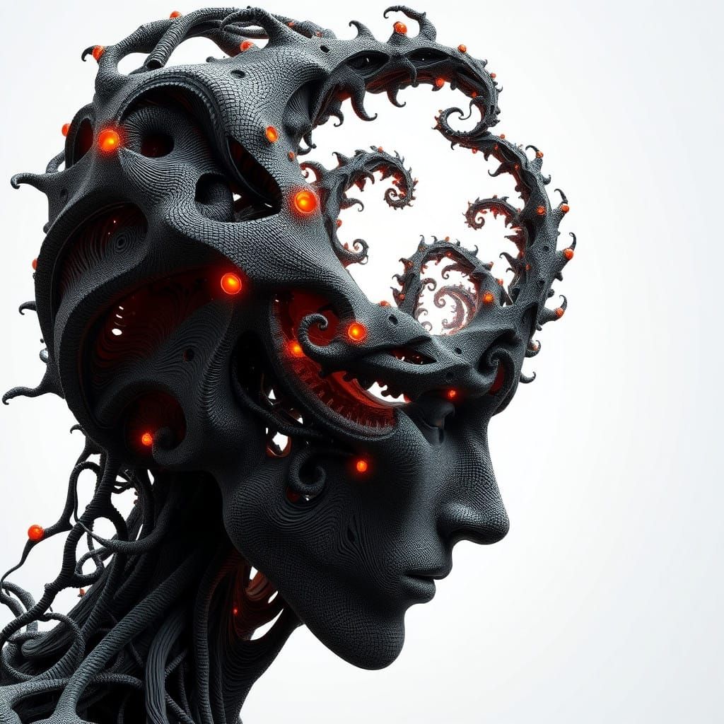 an oversized fractal shape head, made of many fractals, and mathematical patterns, made of sinewy detailed black line ti...