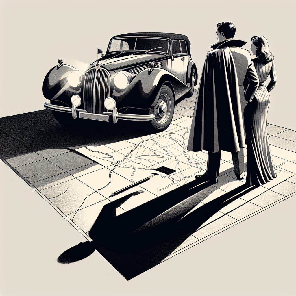 Elegant Scene with Car, Man, and Woman