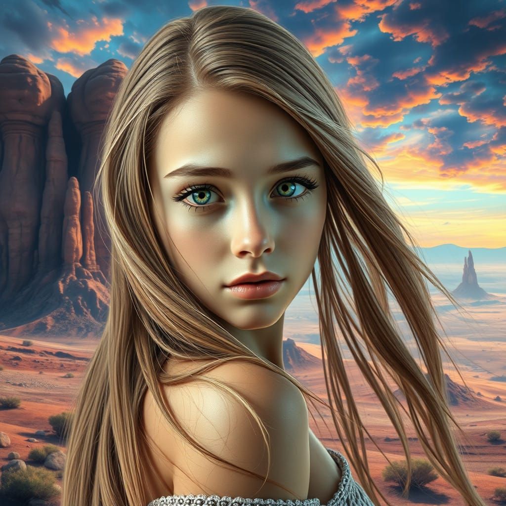 Serene Girl in Breathtaking Extraterrestrial Landscape