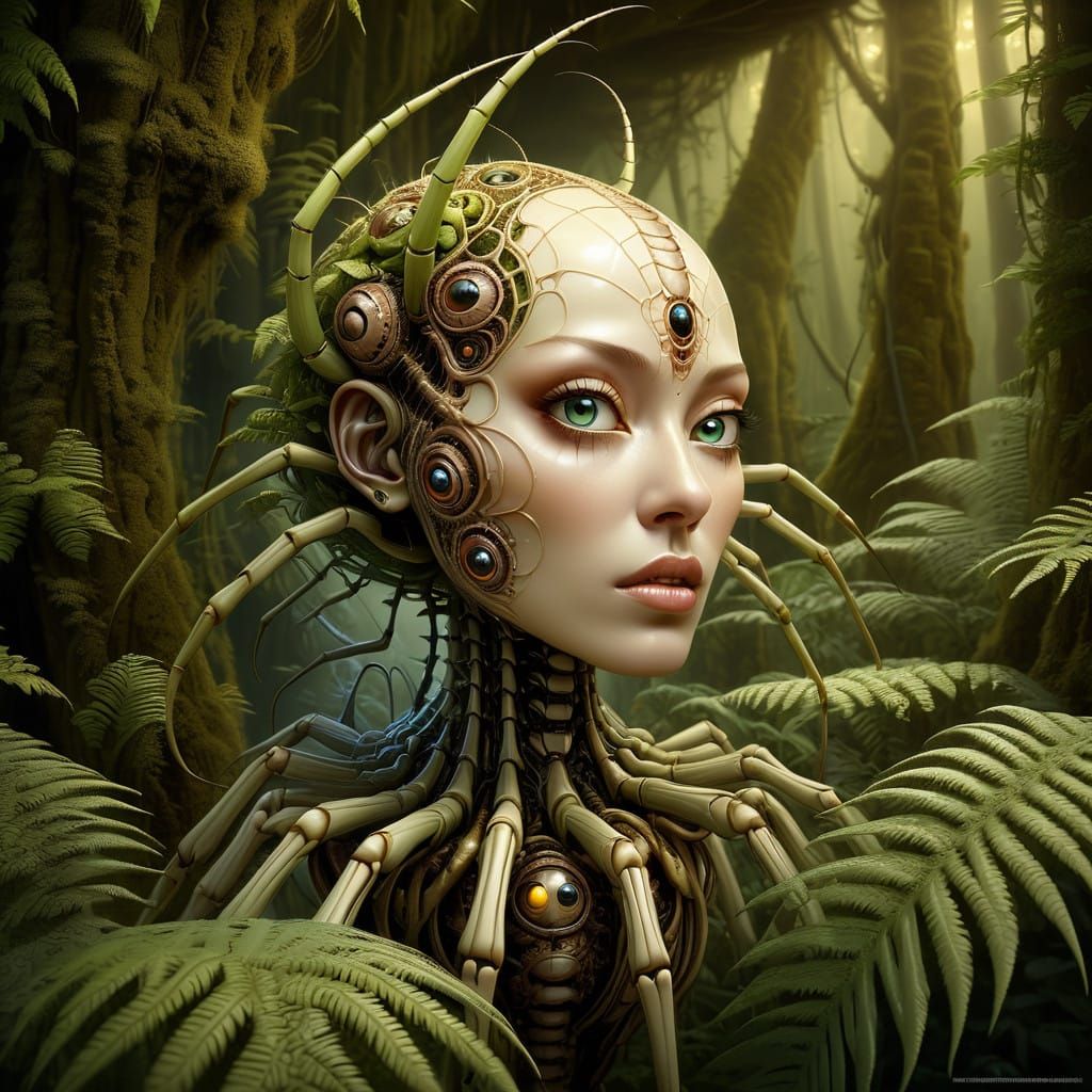 Cybernetic Goddess Among Foliage