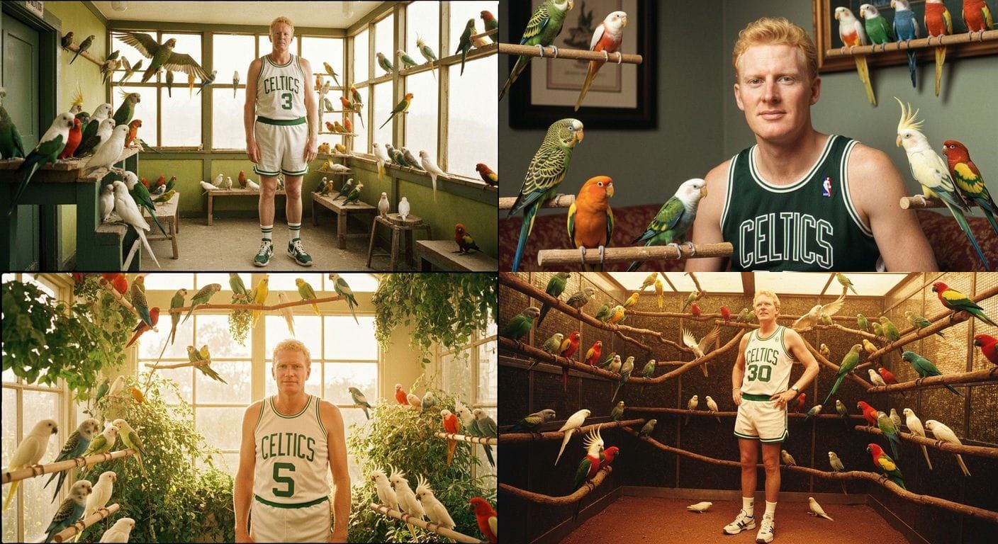 Larry Bird Surrounded by Colorful Parrots