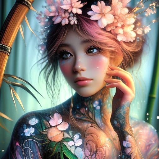 Chinese Girl with Biwa in Bamboo Forest, Alphonse Mucha Styl...