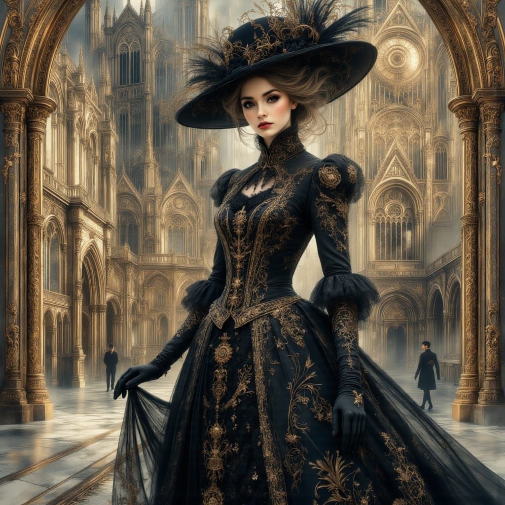 Victorian Woman in Black Dress at Gothic Cathedral