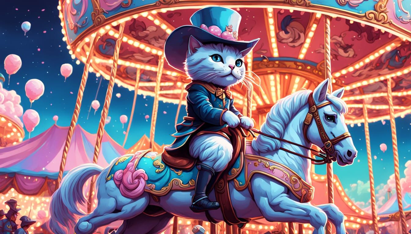 Kawaii Cat Rides Carousel Horse in Pastel Carnival