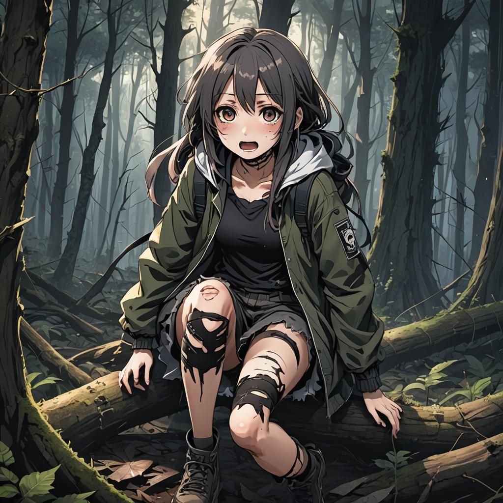 Anime Girl Lost in Dark Forest: Scared and Scarred