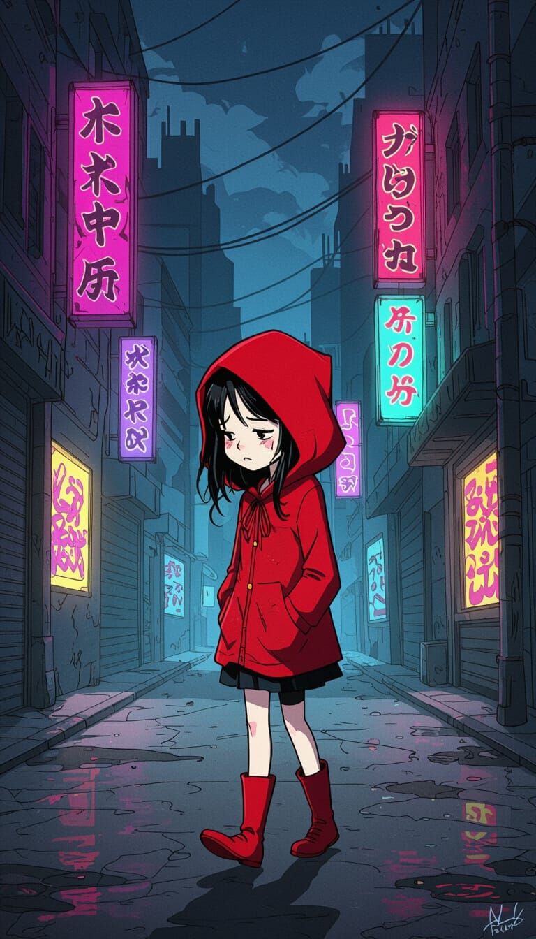 Sad Red Hooded Girl Walks Dark City Street at Night