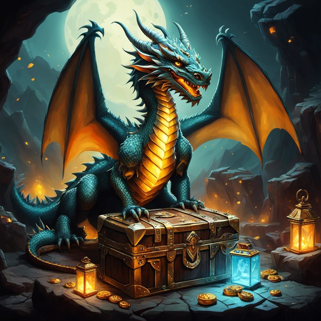 Dragon Guarding a Glowing Treasure Chest