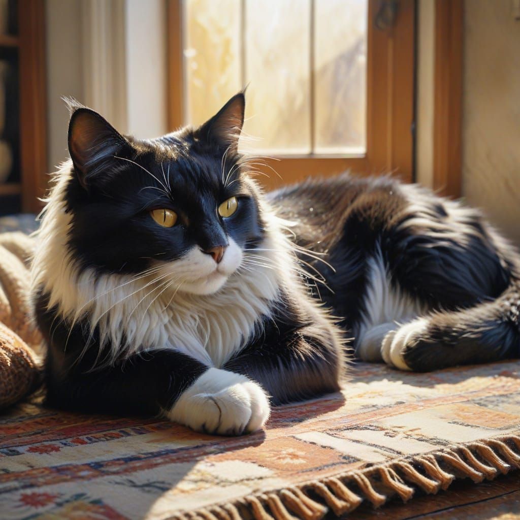 Black and White Cat Sleeping in Sunlight as Watercolor