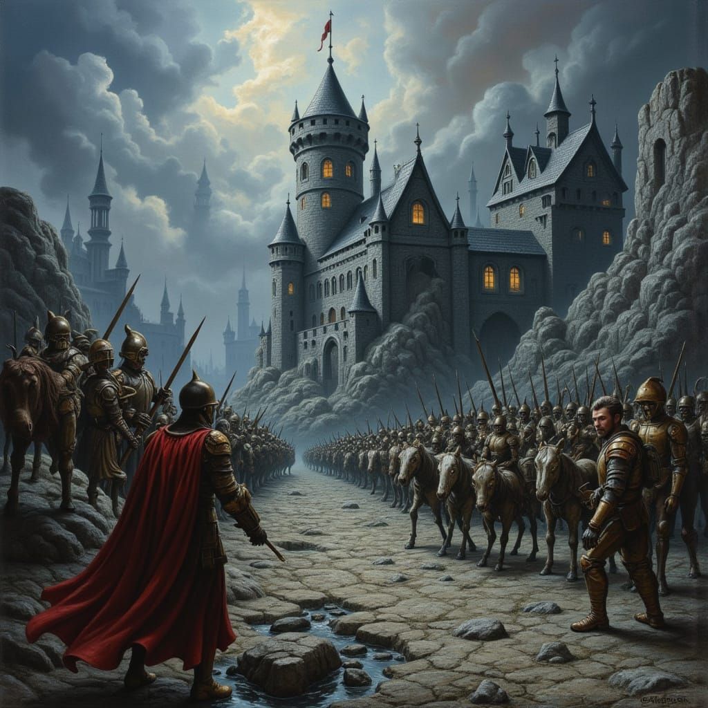 Epic Castle Siege Scene with Soldiers and Creatures