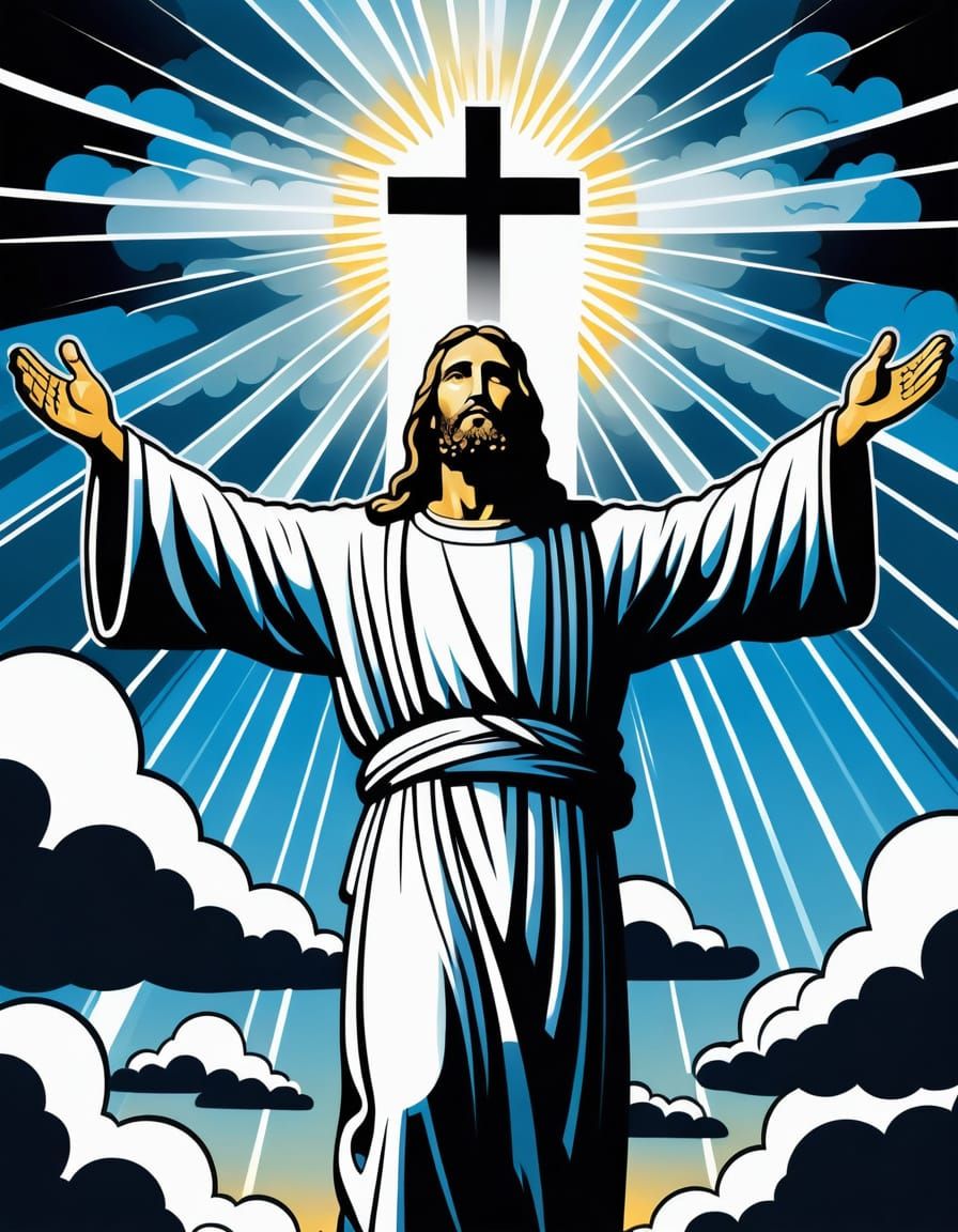 Jesus Ascends into the Sky in a Stylish Black and White Illu...