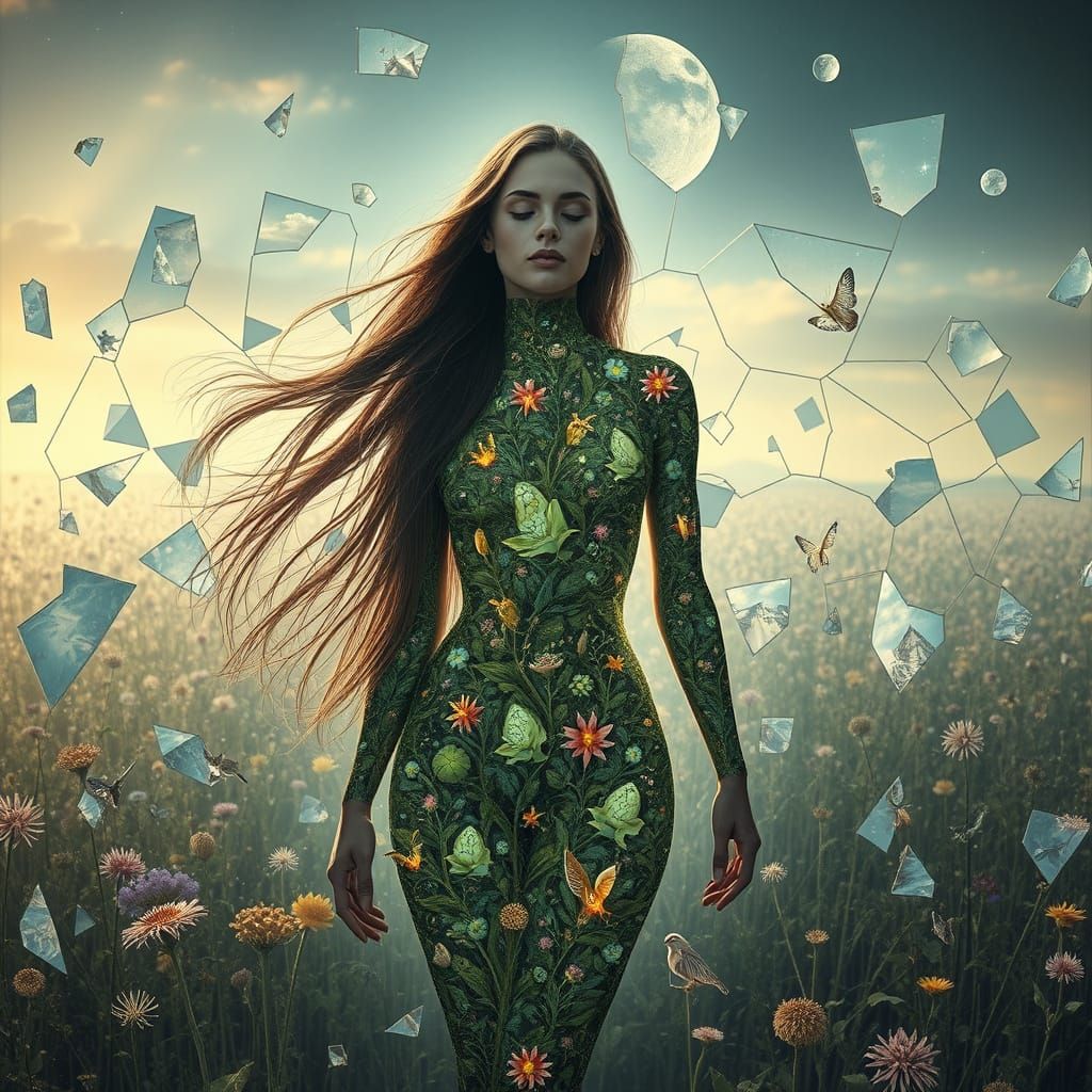 Surreal Woman in Shattered Mirror Field