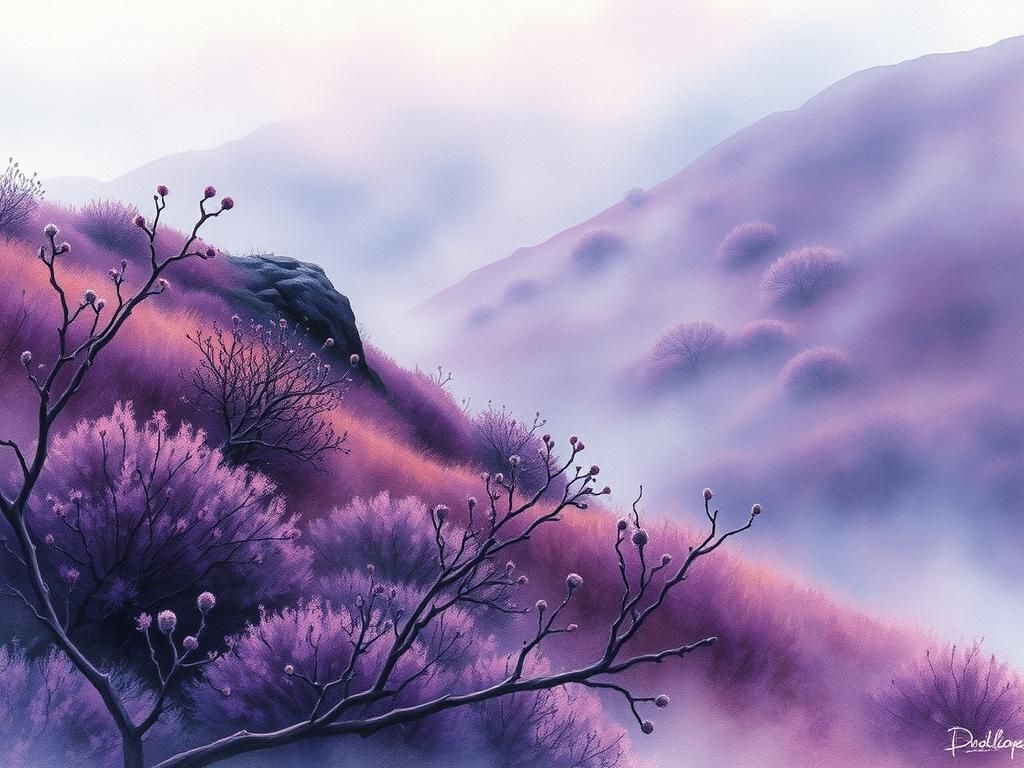 Violet Mist Over Moor in Watercolor Style