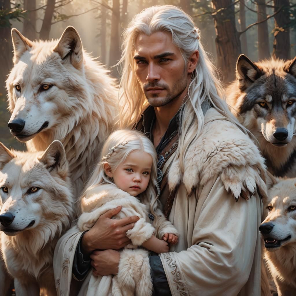 Mother and Child Surrounded by Wolves