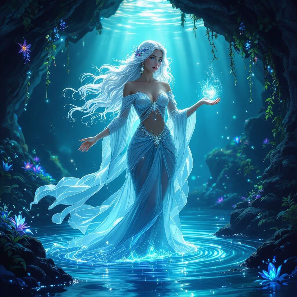 Serene Water Goddess in Bioluminescent Grotto