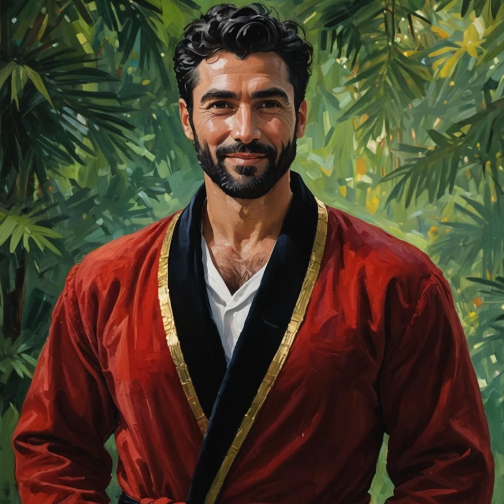 Smiling Man in Jungle, Impasto Oil Painting
