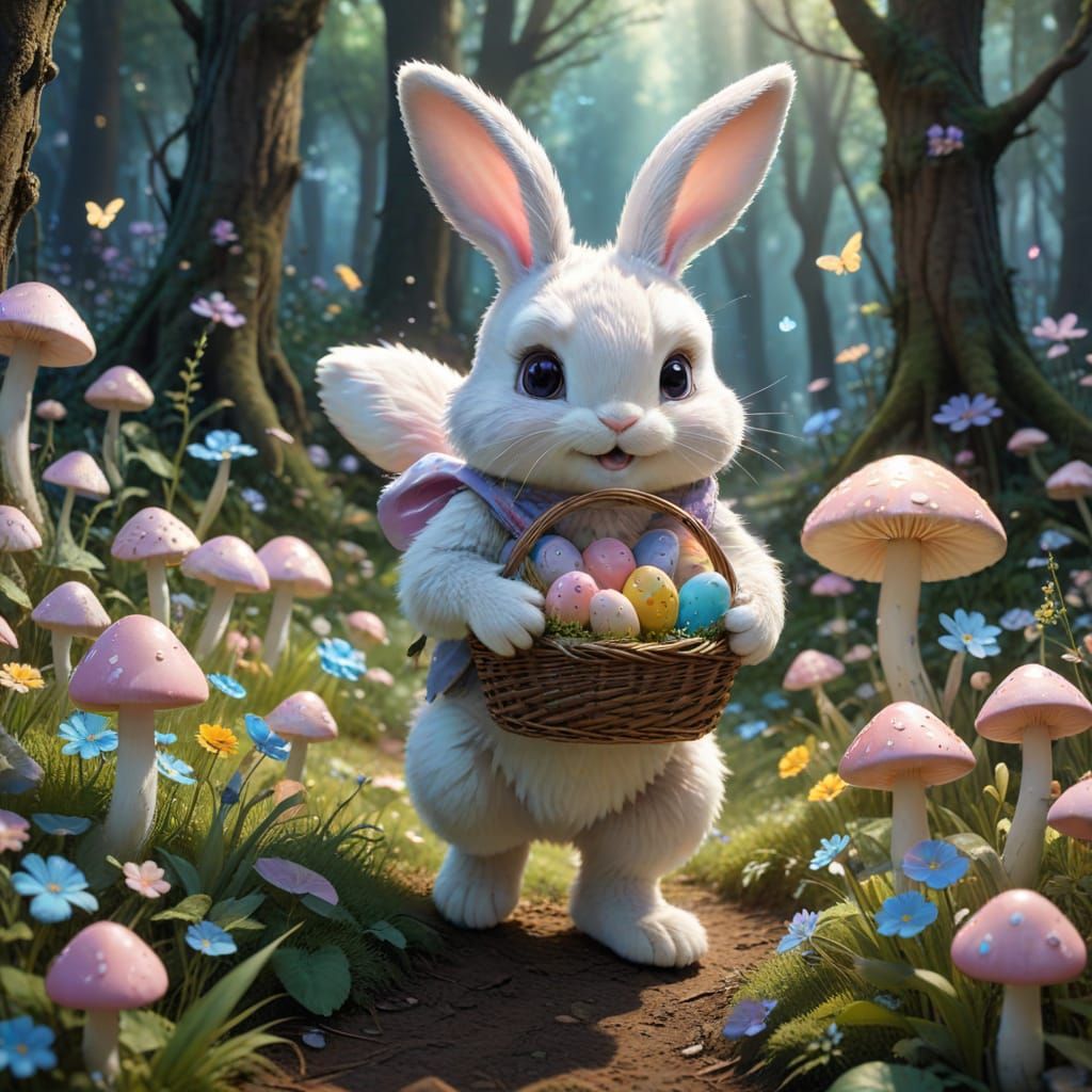 Whimsical Easter Bunny in a Magical Enchanted Forest