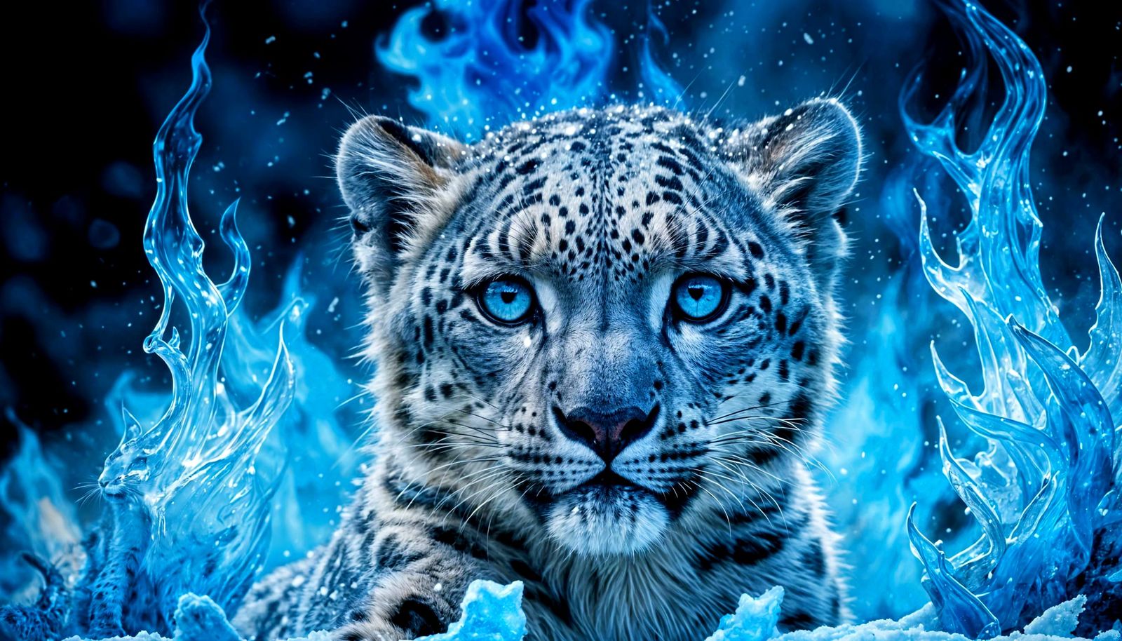 Baby Snow Leopard Enveloped in Blue Flaming Aura