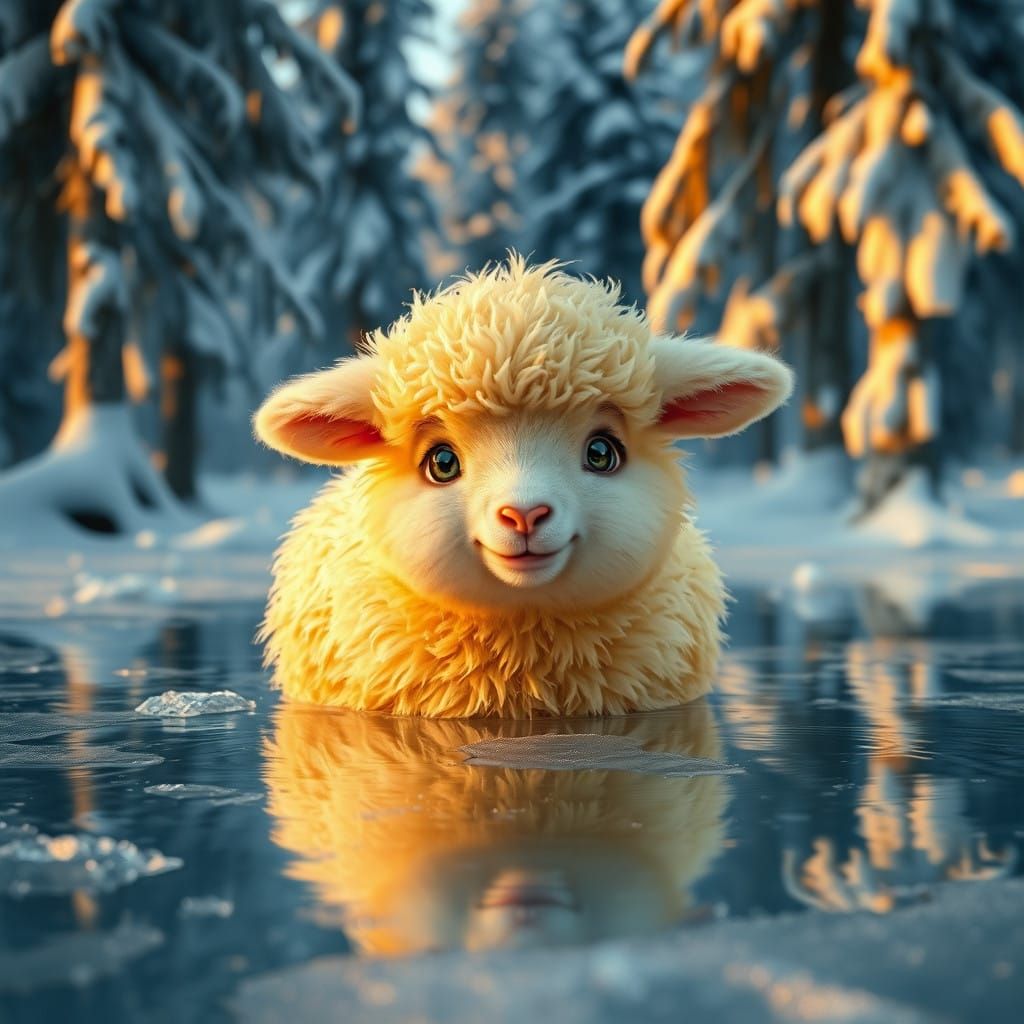 Surreal Lamb Contemplates Winter Wonderland in Hyper-Realist...