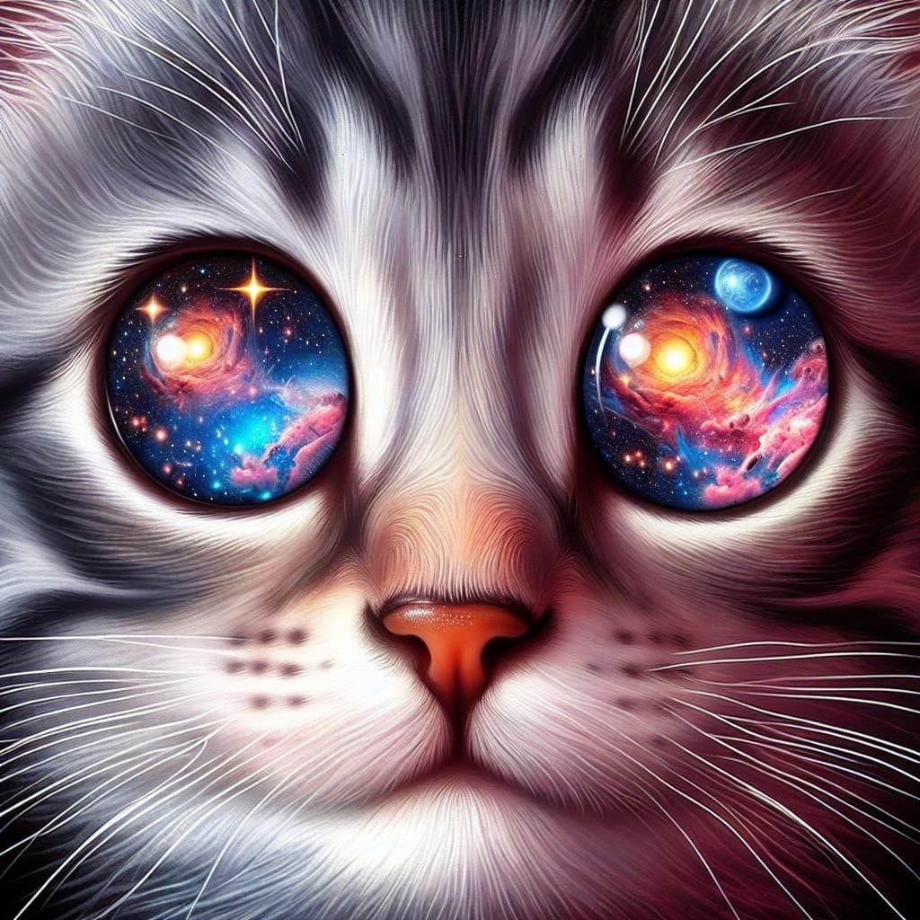 Whimsical Digital Art of Kitty Gazing into the Cosmic Univer...
