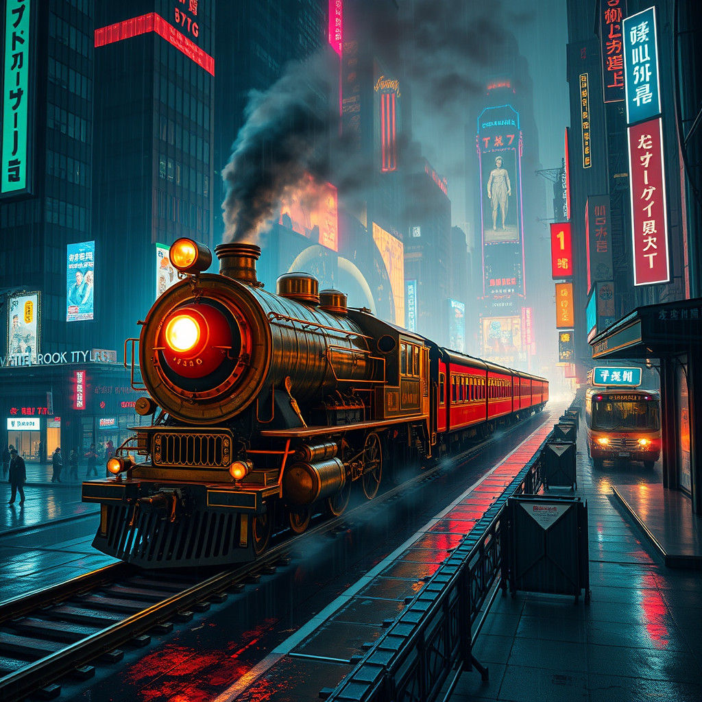 Neon Steam Train in Dystopian Cyberpunk Cityscape