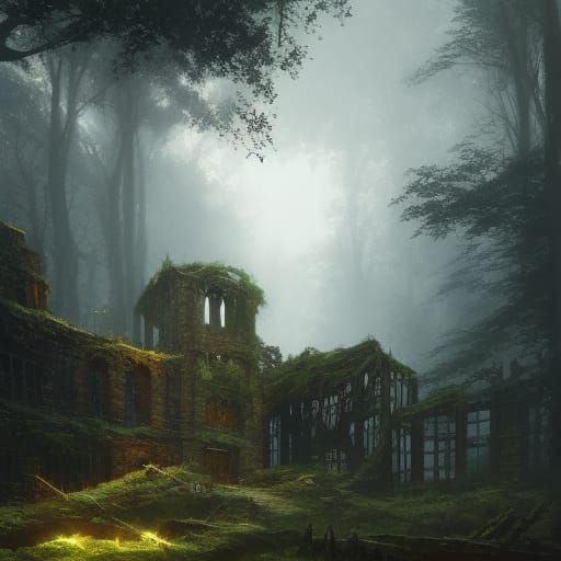 Dark Fantasy Castle Ruins in Forest, Hyperdetailed