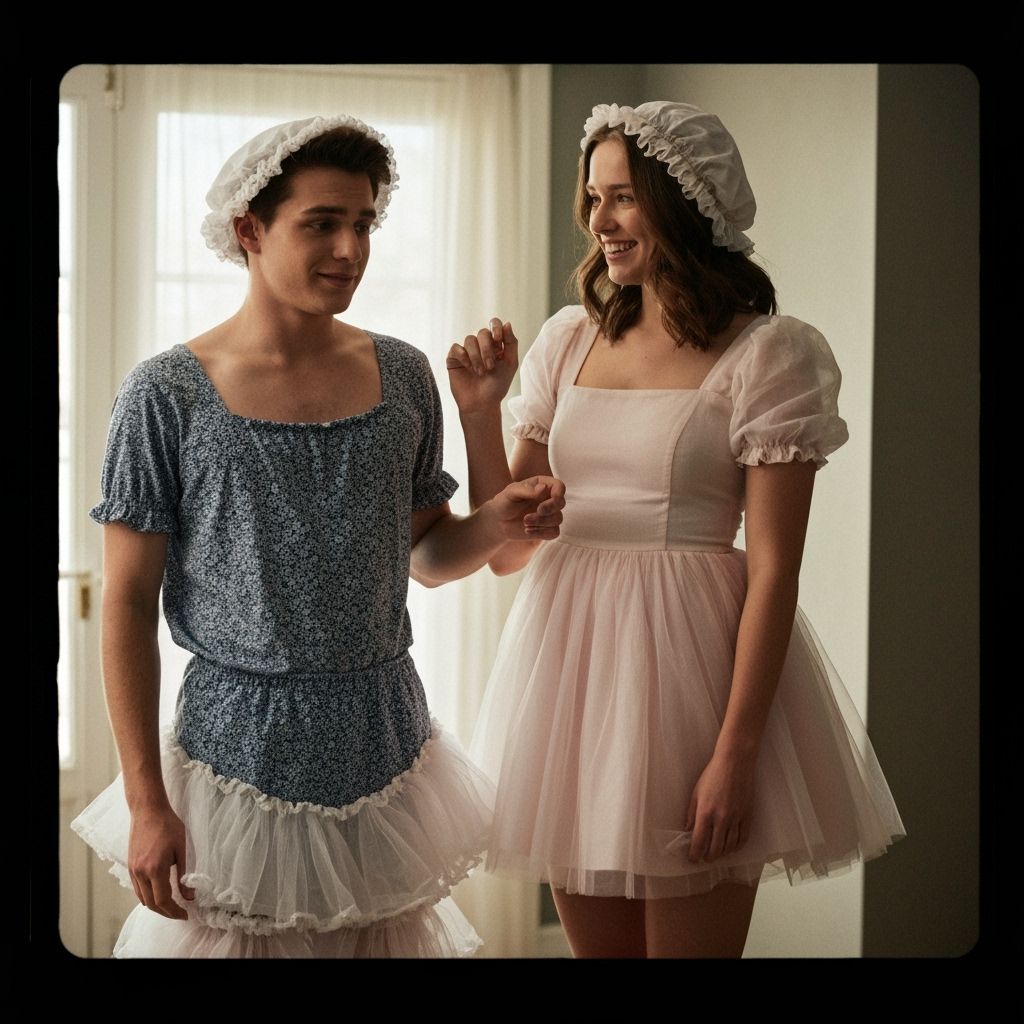 Worried Young Man Crossdressing in Tulle Dress