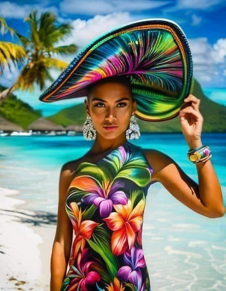 Polynesian Girl on Bora Bora Beach in Graffiti Art