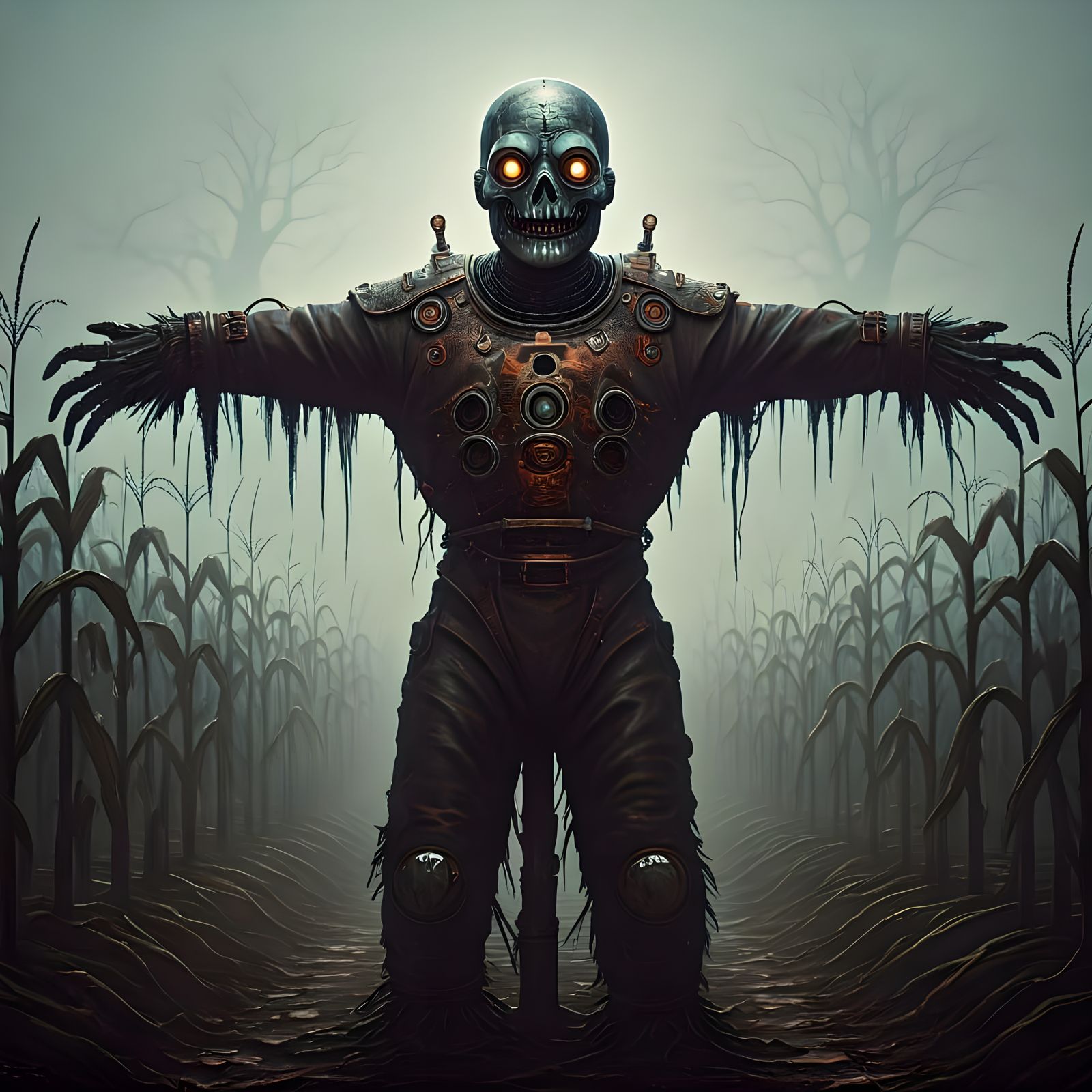 Grotesque Dieselpunk Scarecrow in Withered Cornfield