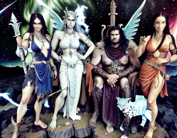 Epic Fantasy Barbarian on Ruined Beach with Sorceress