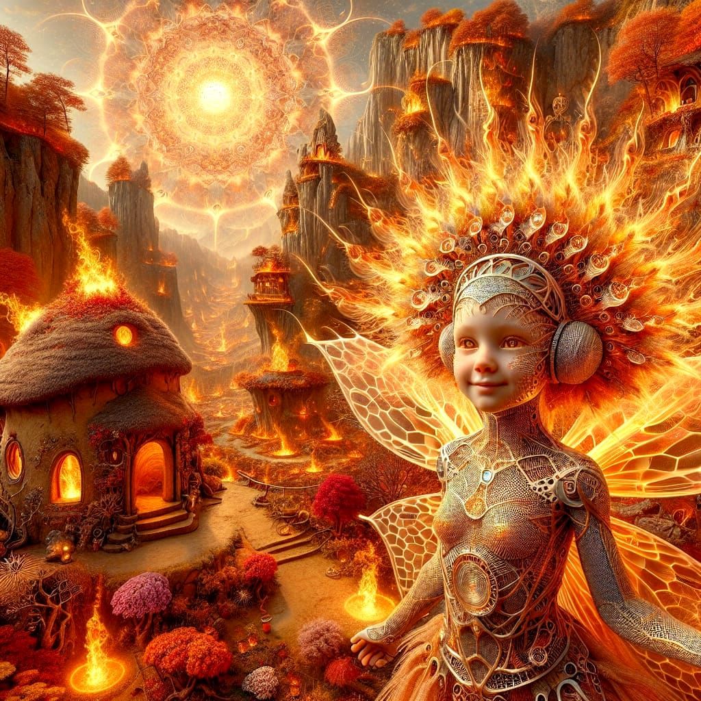 Fire Fairy in Burning Landscape with Copper Eco-House