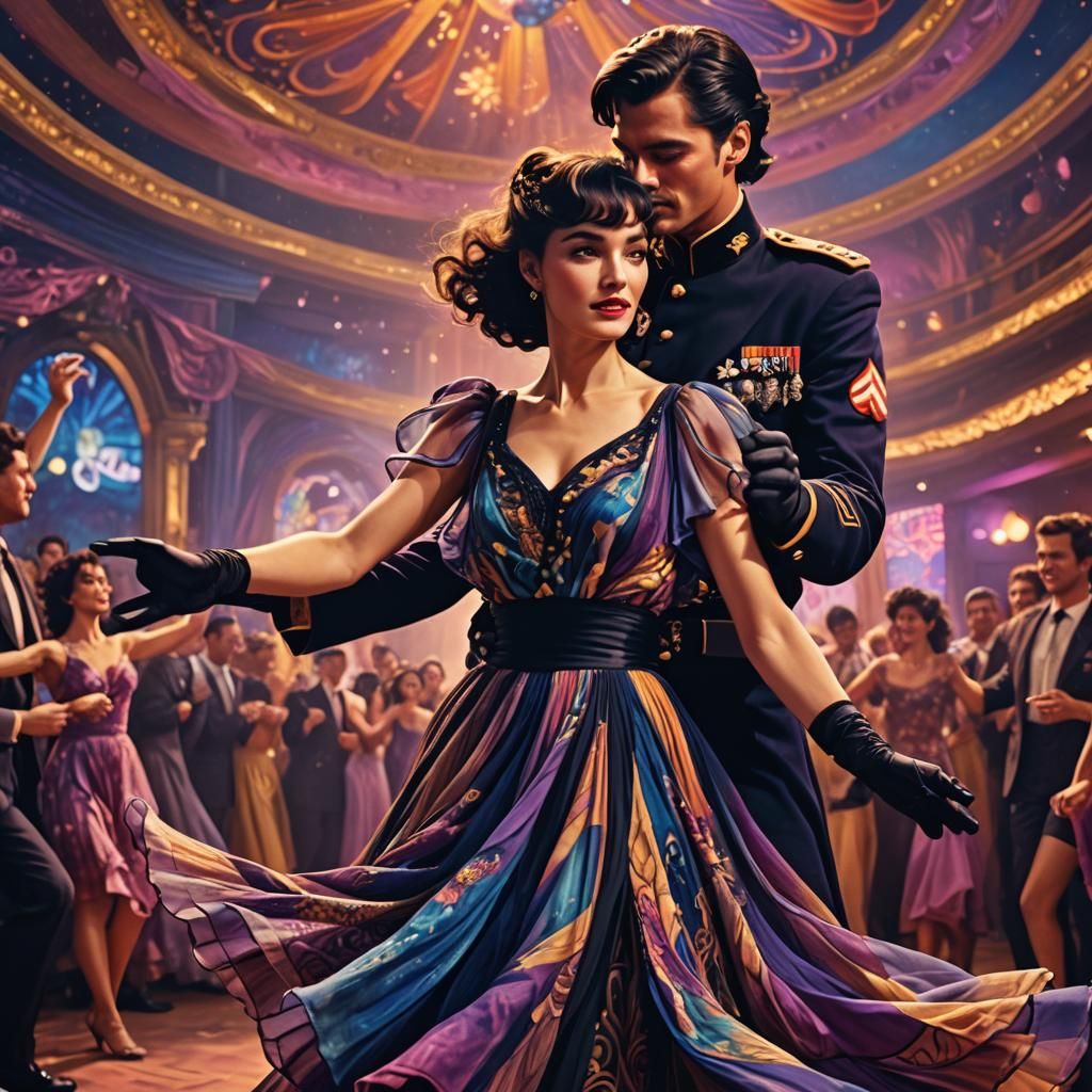 Woman Dancing with Man in 80s Military Uniform