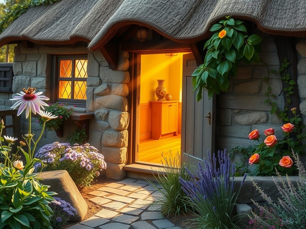 Enchanting Cottage with Wildflower Roof in Misty Garden