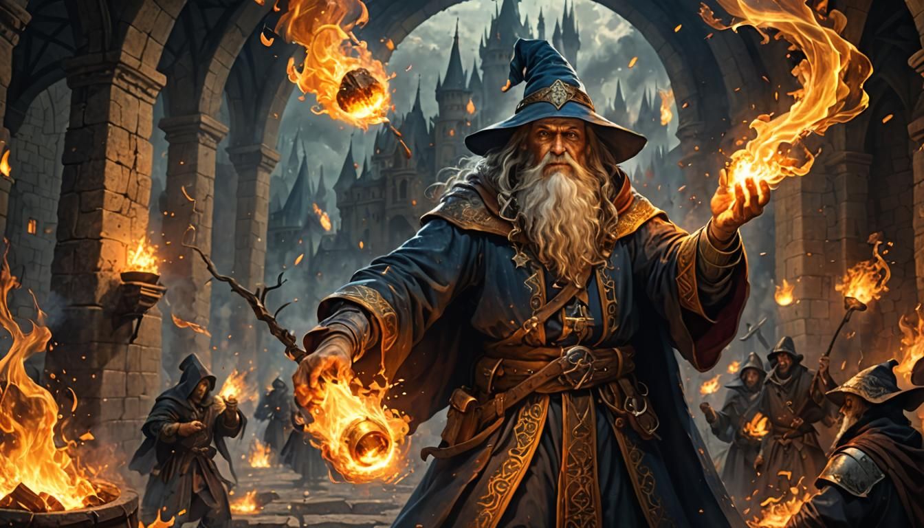 Arcane Wizard Casts Fire Blast in Fantasy Art