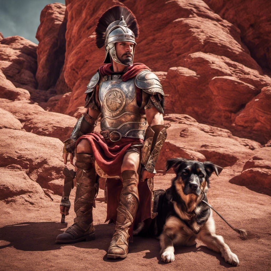 Roman Warrior with Dog in Red Rock Landscape