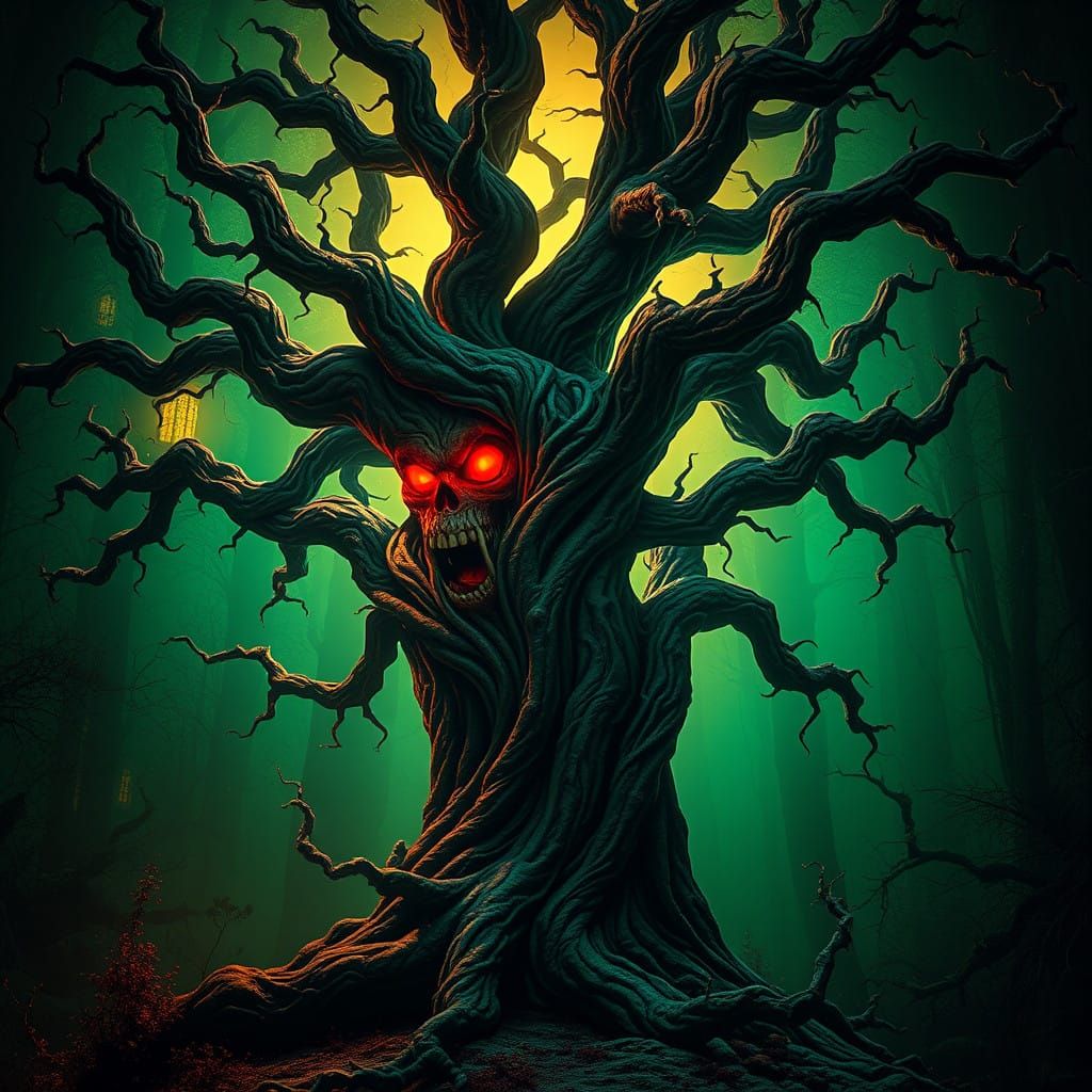Twisted Tree of Malevolent Energy in Eerie Emerald Glow