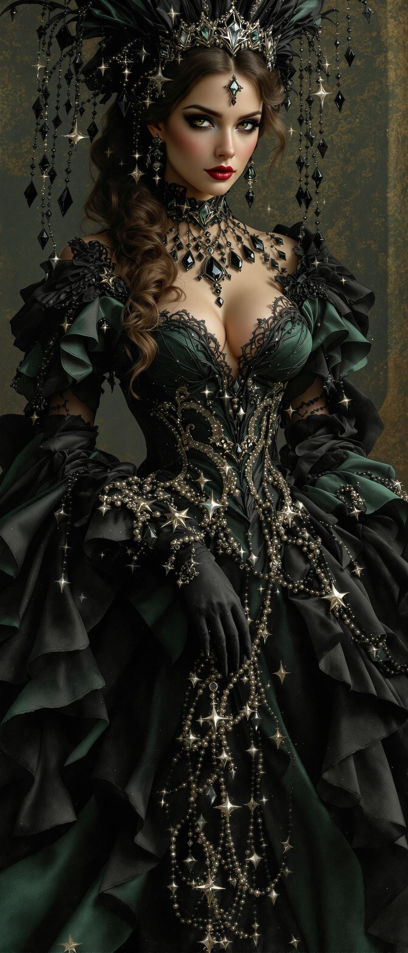 Victorian Lady in Dark Green and Black Gown, Adorned with Bl...