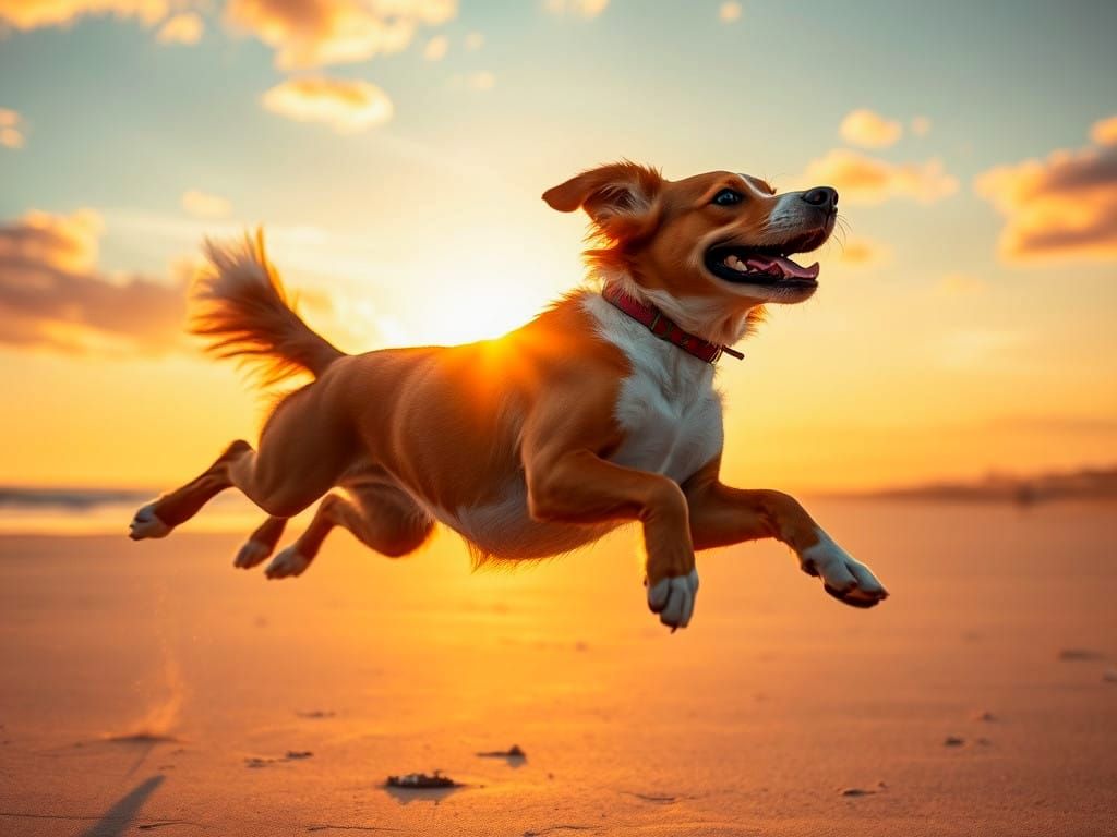 Sunset Dog in Hyperrealistic Beach Scene