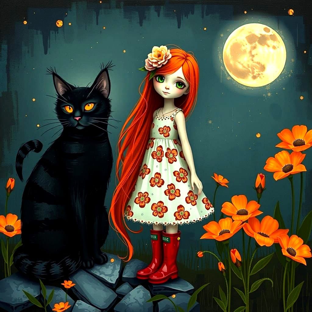 Girl with Red Hair and Black Cat in Enchanted Nighttime Scen...