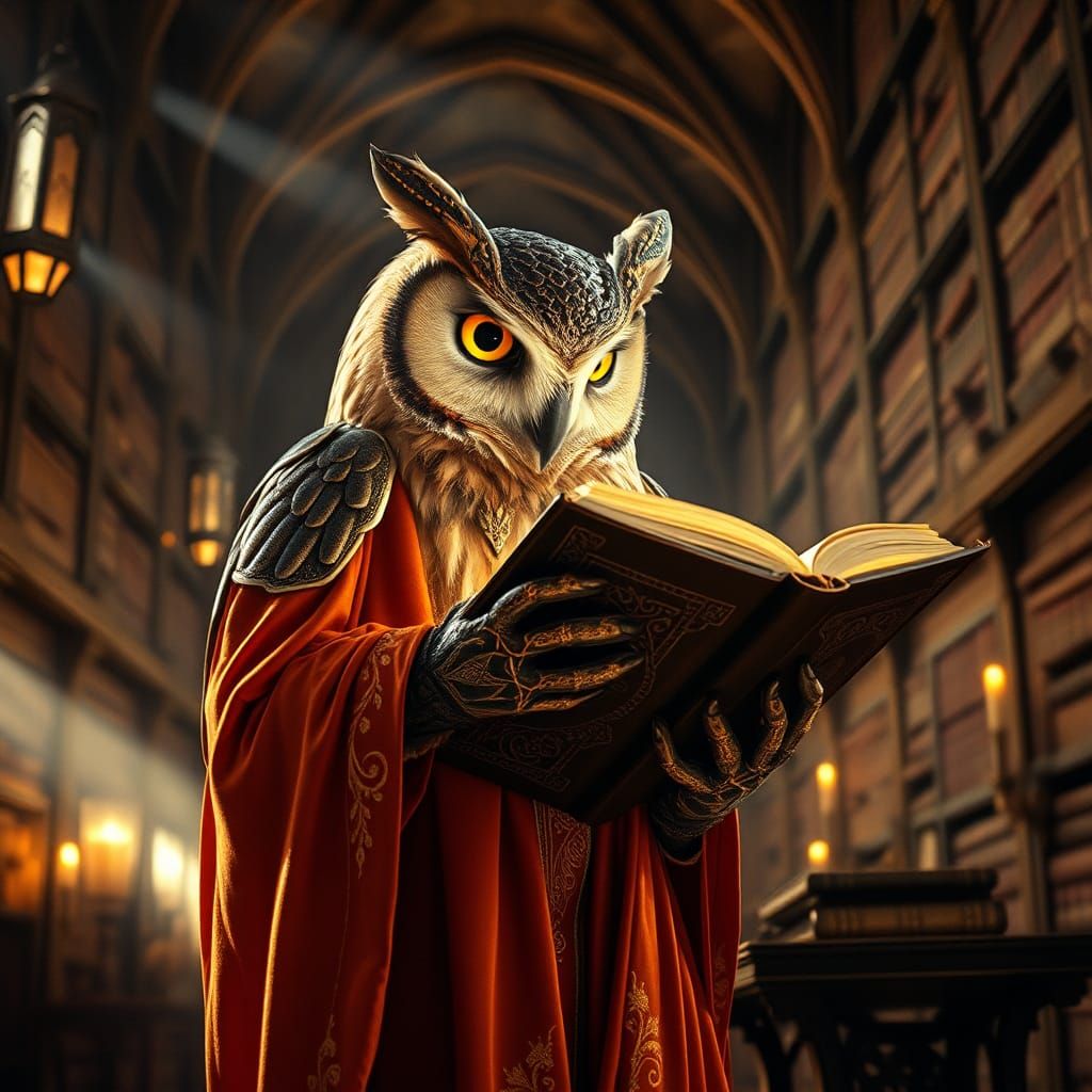 Wise Owl Reading in Grand Library: Cinematic Still