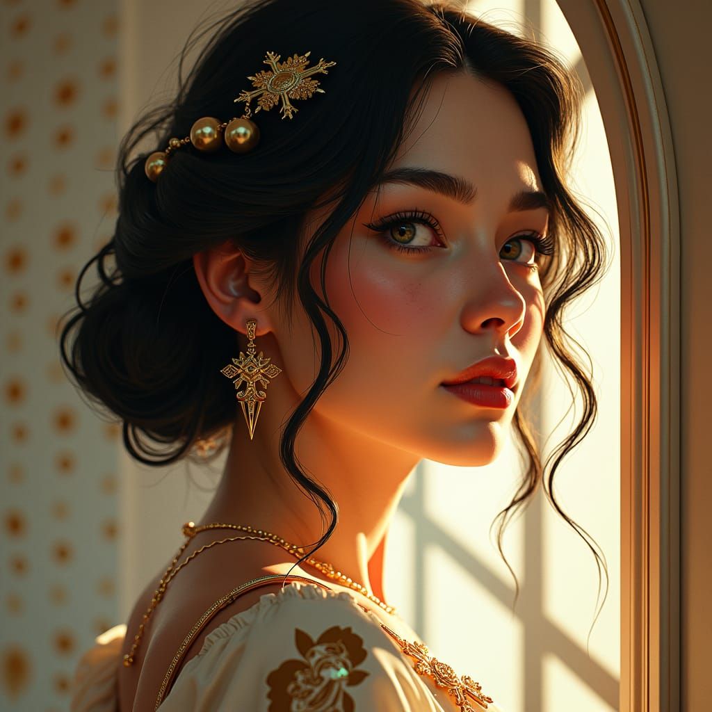 Hyperrealistic Portrait of Brooklyn Dominguez in Art Nouveau...