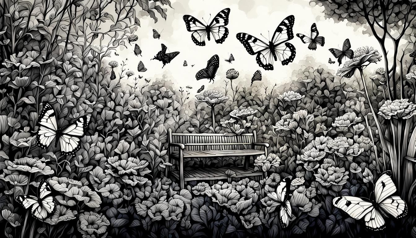Botanical Garden: Hyperrealistic Ink Drawing of Butterflies