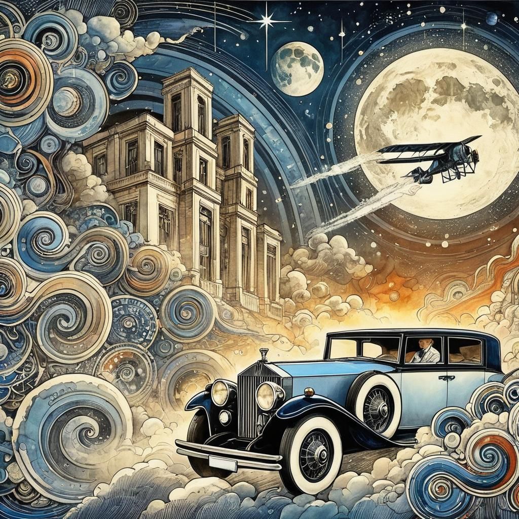 Lunar Rolls-Royce in Flight Amidst Whispy Clouds and Comets
