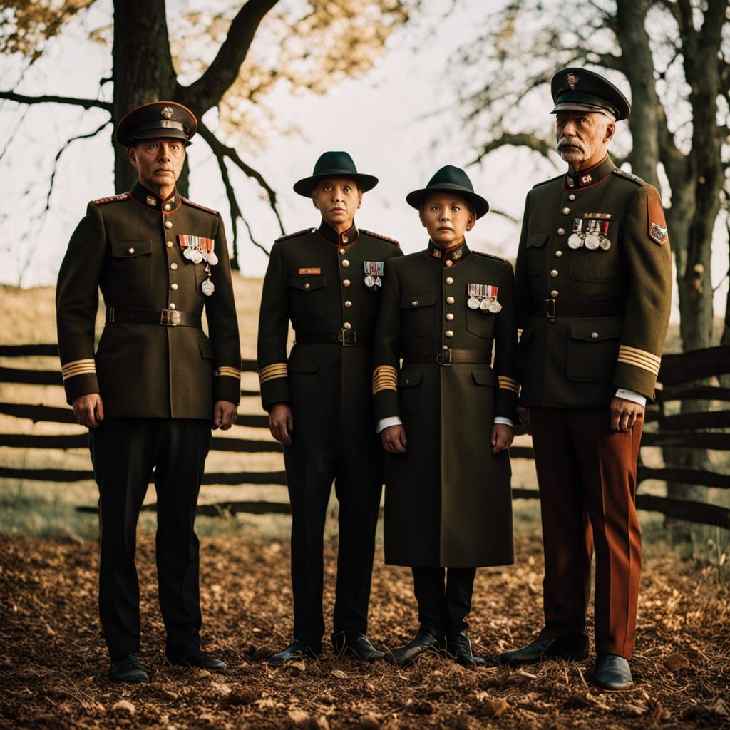 Surreal Portrait with Military Uniforms in Oil on Canvas